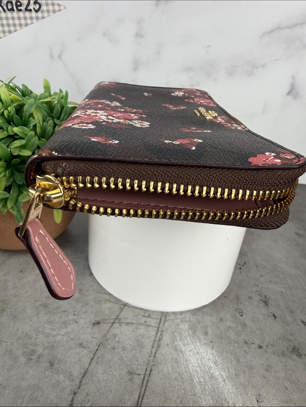 COACH Brown Floral Zip-Around Wallet with Pink & White Accents - Picture 4 of 4